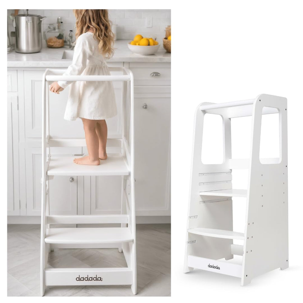dadada Baby Montessori Tower front view shows sturdy white finish for safe independent cooking