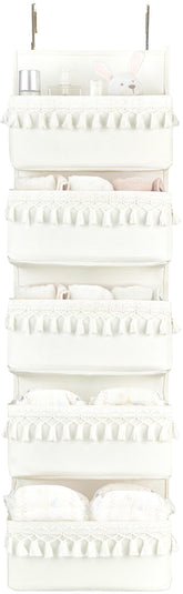 Dahey over-the-door organizer pockets provide organized nursery storage.
