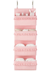 Dahey over the door organizer with pink tassels for easy baby essentials access.