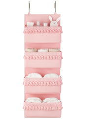 Dahey over the door organizer with pink tassels for easy baby essentials access.