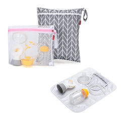 Damero breast pump parts bag front view showing organized storage for pump parts
