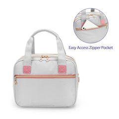 Damero insulated front pocket accommodates charger cord and essentials for easy access.