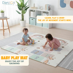 DAN&GO play mat unfolded, revealing a 71 by 79 inch play area.