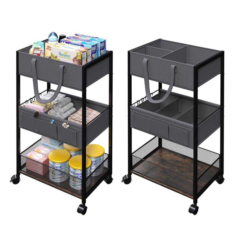 Danpinera diaper caddy cart front view showing 3-tier storage for nursery.