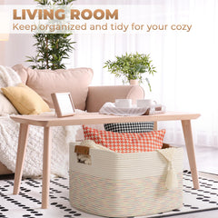 Danpinera rainbow basket handles detail with leather and metal snap.