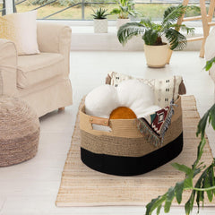 Danpinera woven rope basket with leather handle detail for durable, stylish use.