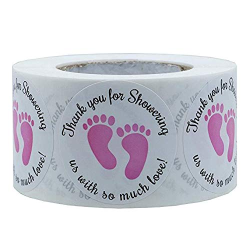 Dartsz baby shower footprint pink stickers close-up showing the design and pink background