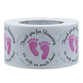 Dartsz baby shower footprint pink stickers close-up showing the design and pink background