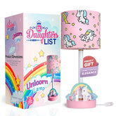 DAUGHTERS LIST Unicorn Lamp on shelf provides colorful decorative glow.