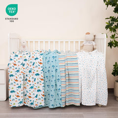 David's Kids dinosaur blue swaddle blanket folded neatly showcases durable, machine-washable fabric.