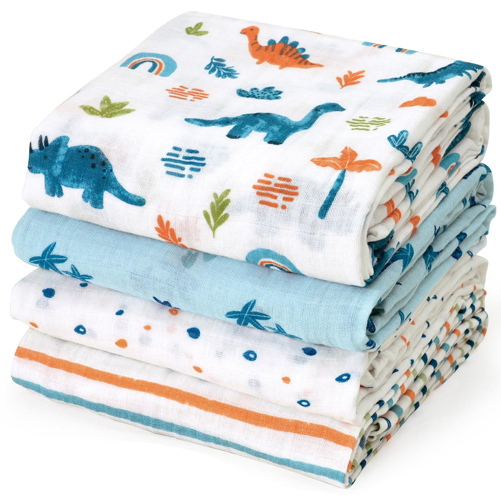 David's Kids dinosaur blue swaddle blanket setup highlights generous 47x47 inch size for versatile year-round use.