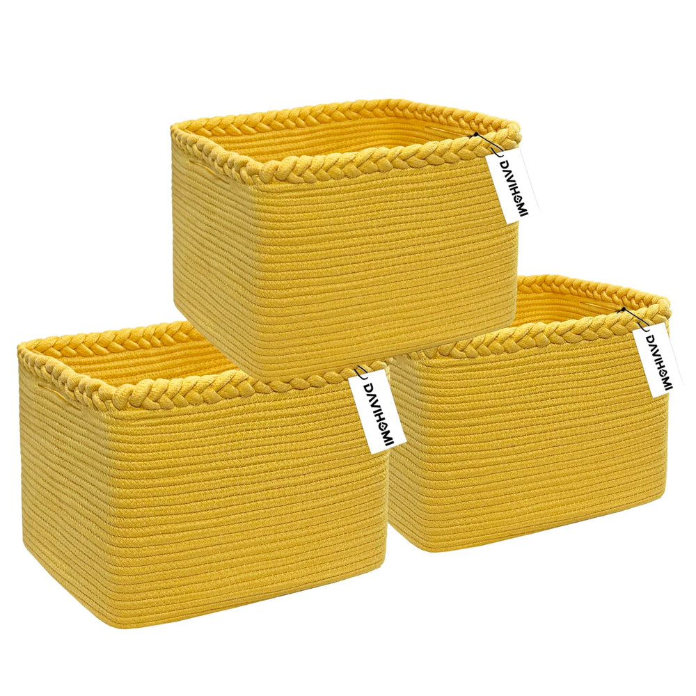 DAVIHOMI 3Pack small woven cotton rope basket yellow closeup texture for durable storage.