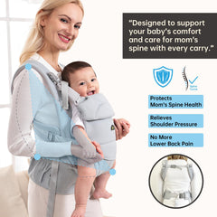 Dawnbud weightless baby carrier blue back-carry view shows secure support.