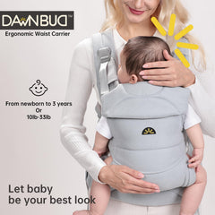 Dawnbud weightless baby carrier blue ergonomic-hip-support highlights hip-friendly ergonomics.