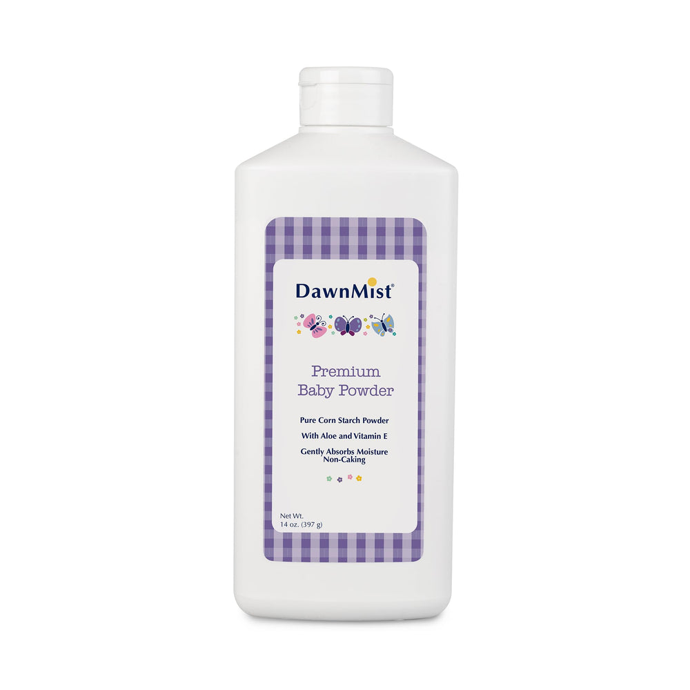 DawnMist premium baby powder bottle with dispensing cap for easy, mess-free application.
