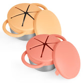 Daximo snack cups orange and yellow with dual handles for easy toddler grip.