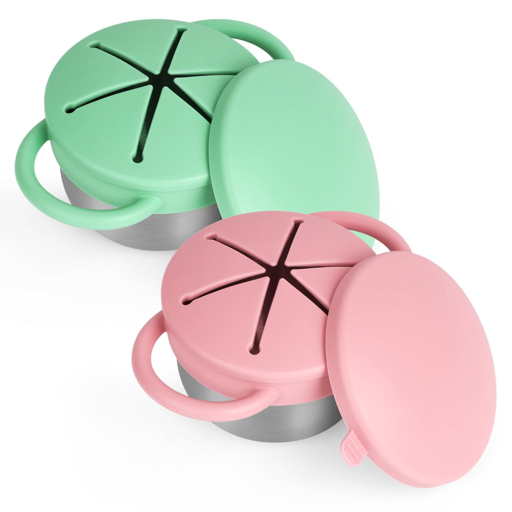 Daximo toddler snack cups in green and pink set shown from front for mess-free snacking.
