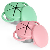 Daximo toddler snack cups in green and pink set shown from front for mess-free snacking.
