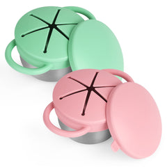 Daximo toddler snack cups in green and pink set shown from front for mess-free snacking.