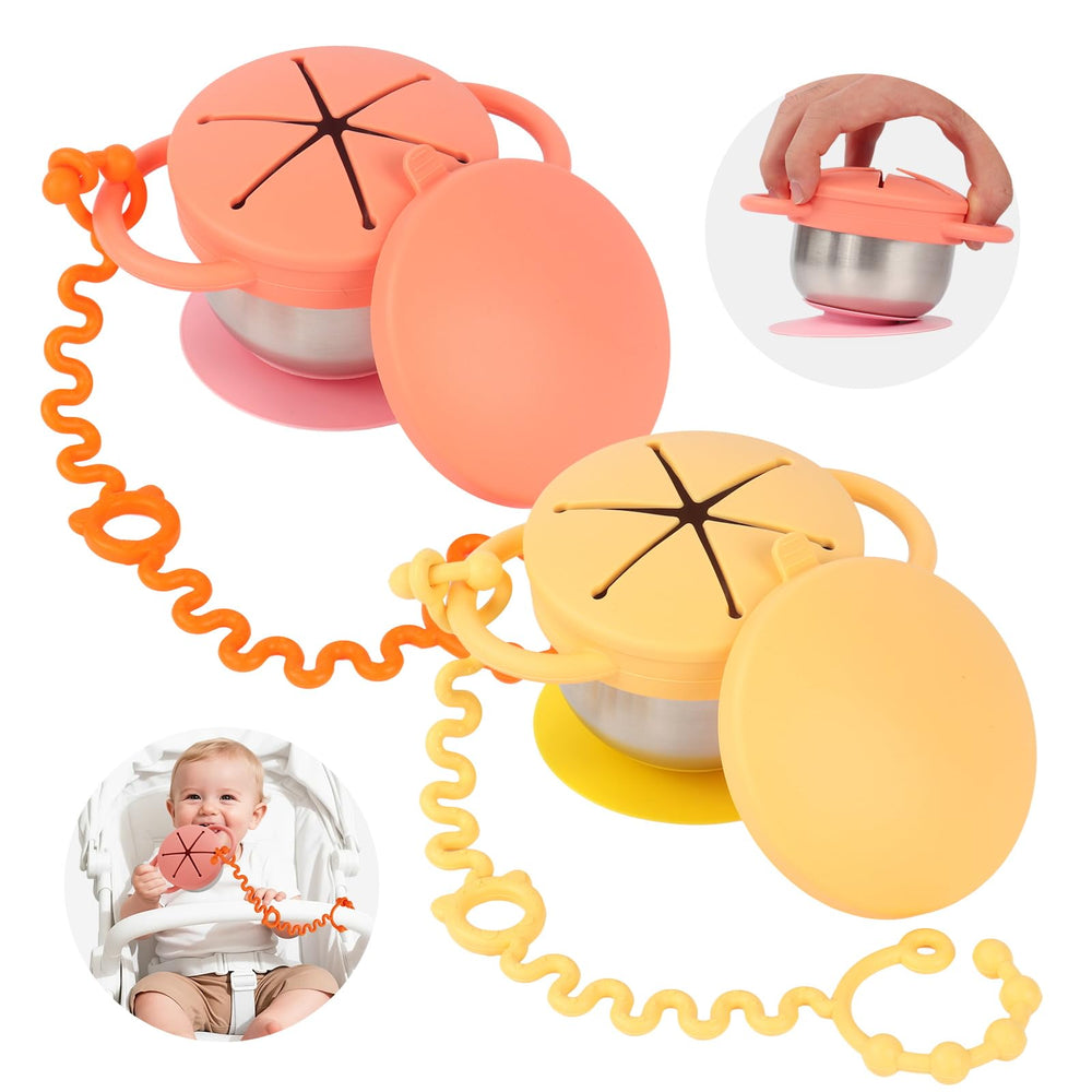 Daximo toddler snack cups show spill-proof suction base for mess-free meals.