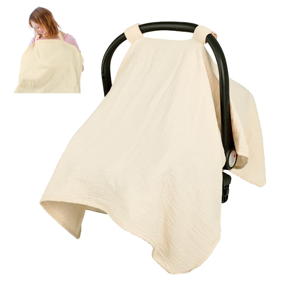DAYEEBALL Summer Muslin Car Seat Cover close-up breathable fabric shields baby from sun and wind