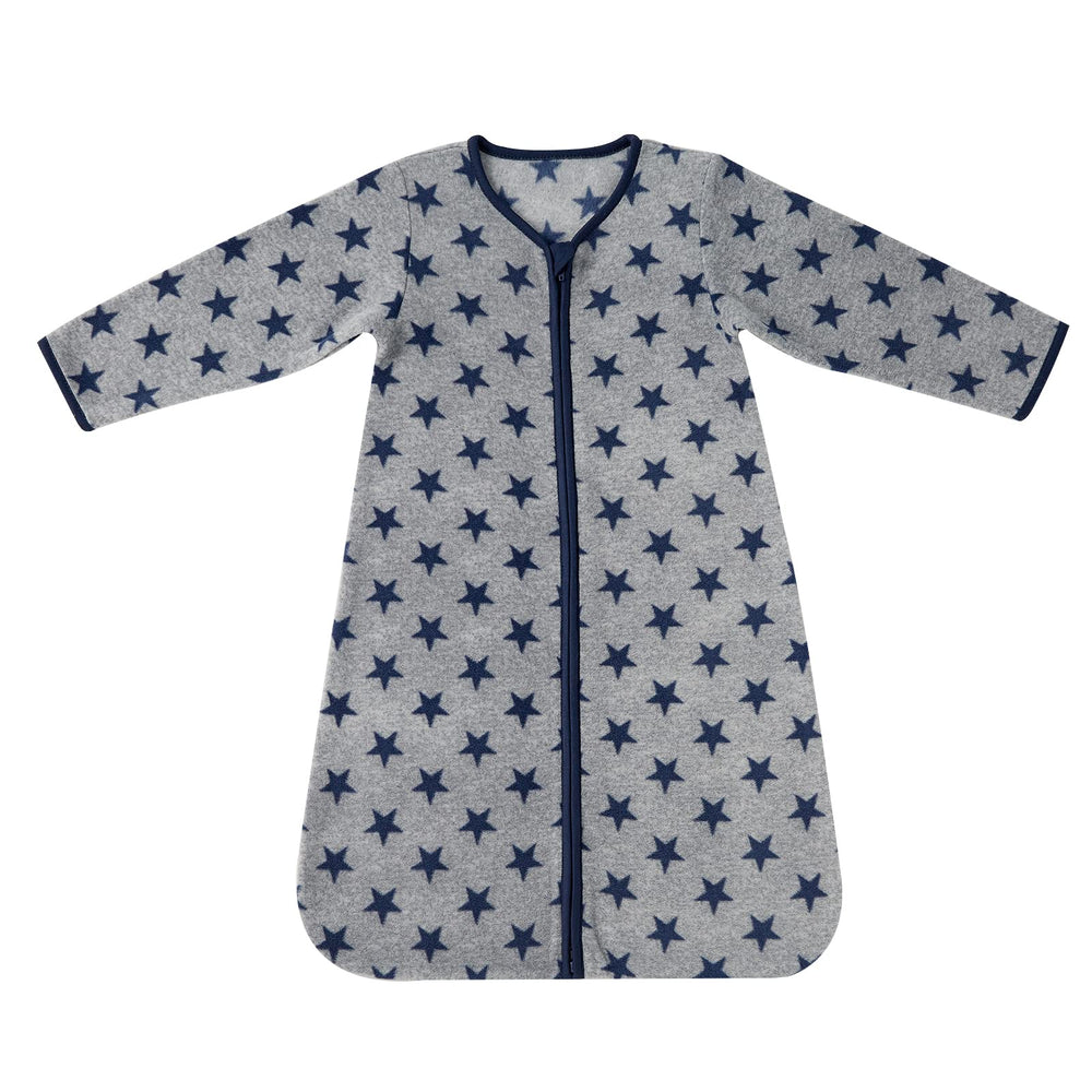 DaysU micro fleece sleep sack with navy star on bed provides cozy warmth for nap time