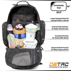 DBTAC changing mat pocket visible on diaper bag backpack for quick diaper changes.