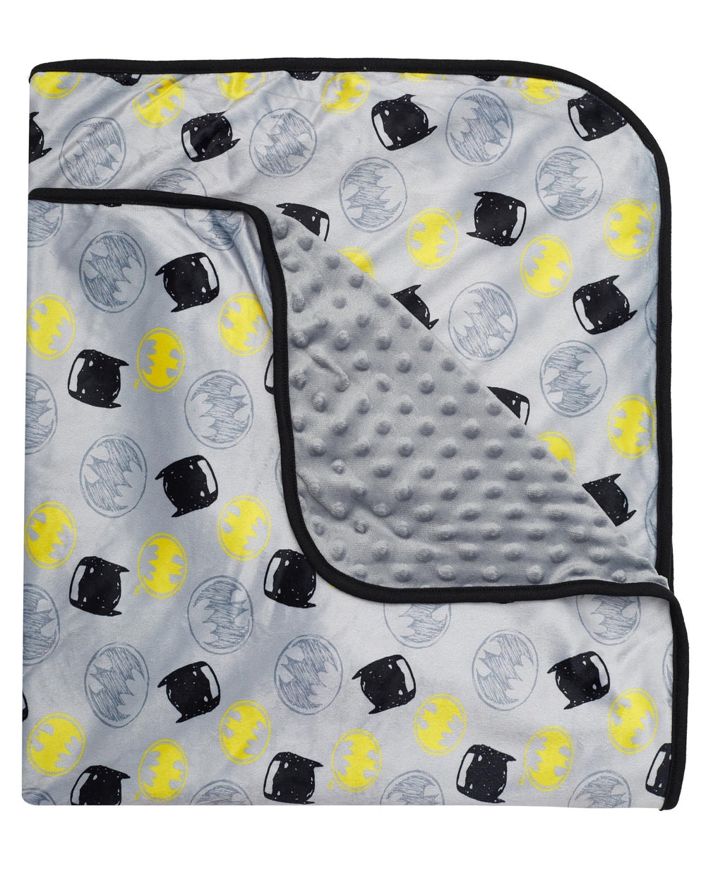 DC Comics Batman baby blanket front-angled-view shows plush softness for cozy snuggles.