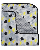 DC Comics Batman baby blanket front-angled-view shows plush softness for cozy snuggles.
