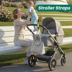 DCDCEE stroller straps on a stroller demonstrate hands-free use.