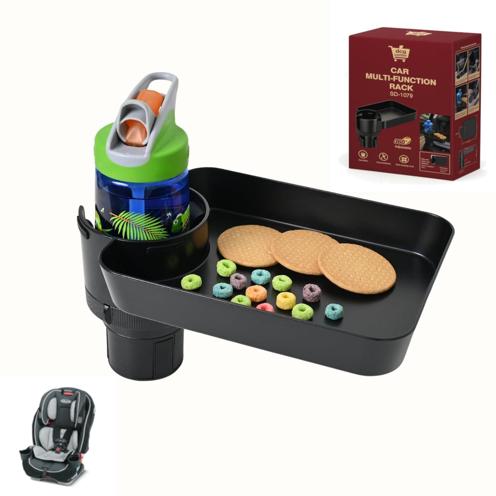 DCG Center car seat tray with high edges prevents spills during travel.