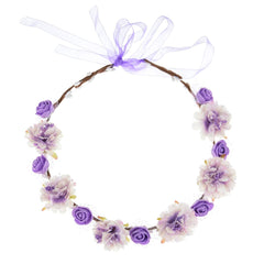 DDazzling Flower Crown wedding headband Purple worn for bridal party photos and dreamy portraits.