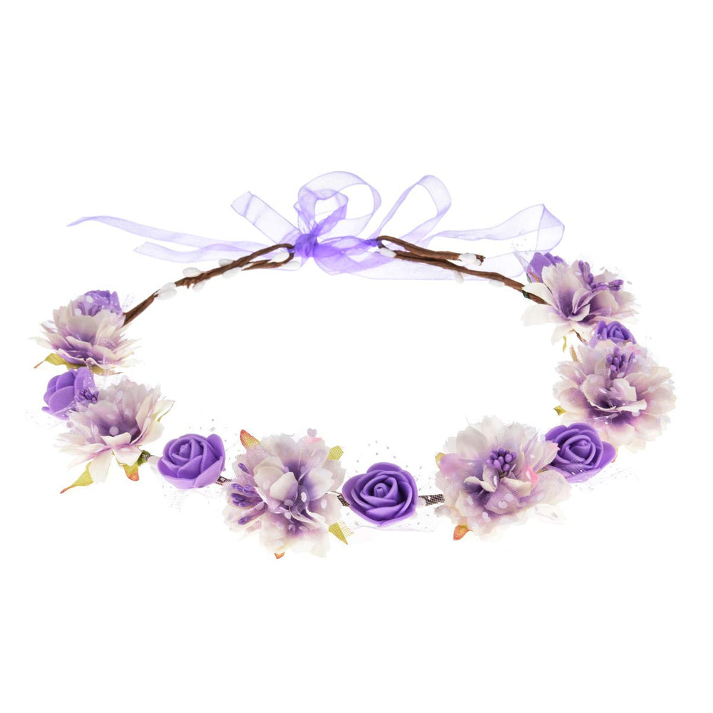 DDazzling Girls Breath Crown Purple close-up shows handmade fabric flowers for elegant wedding photos.