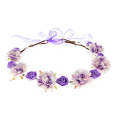 DDazzling Girls Breath Crown Purple close-up shows handmade fabric flowers for elegant wedding photos.