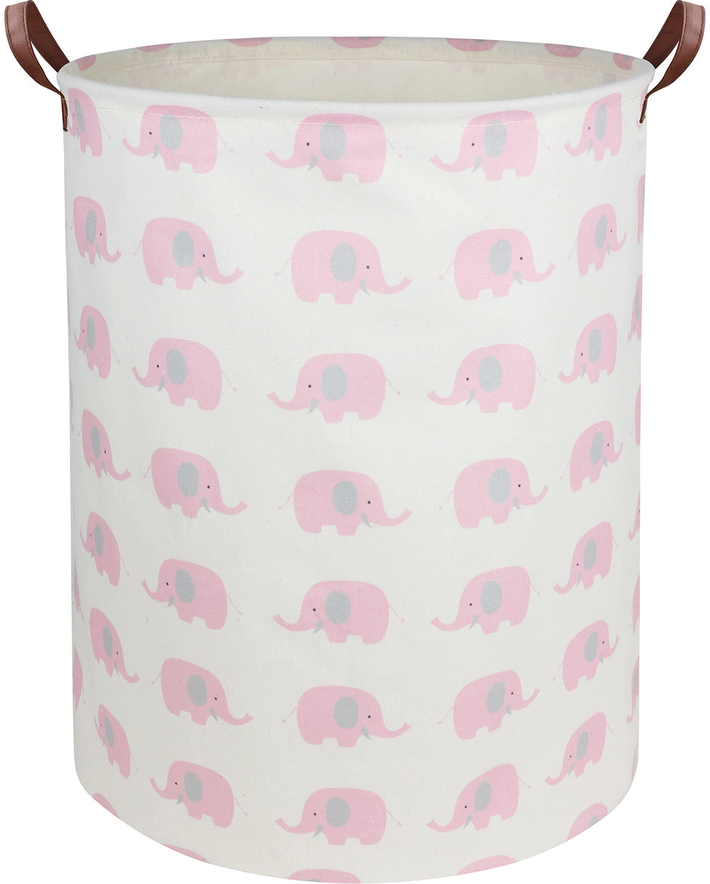 DDBASKET pink elephant baby laundry basket with handles for easy nursery laundry trips.