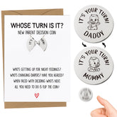 DDLP new-parents flip coin card—playful decision aid for late-night baby plans.