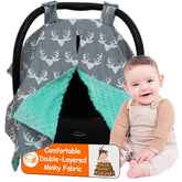 Dear Baby Gear antlers on gray canopy provide shade and cozy protection on sunny outings.