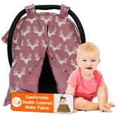 Dear Baby Gear car seat canopy with antlers dusty rose offers sun protection and cozy airflow.