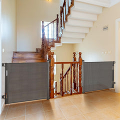 DEAR LOV gray mesh gate closed at doorway for toddlers and pets.