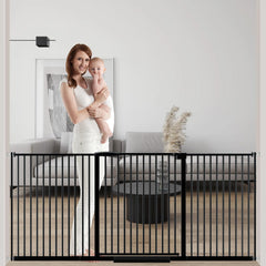 DEARBB extra wide baby gate showing ultra-narrow spacing for child safety and pet control.