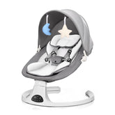 DEAREST BABY baby swing grey front view demonstrates a compact design ideal for small nurseries.