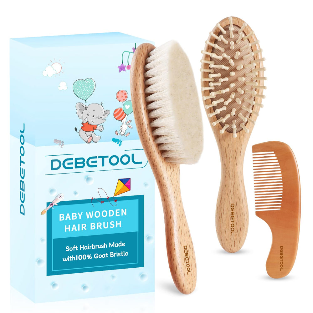 DEBETOOL Baby Hair Brush with soft goat bristles for gentle scalp care.