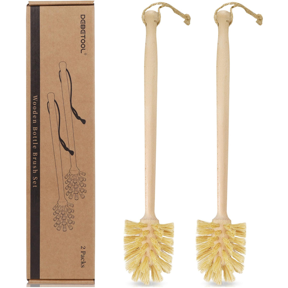 DEBETOOL wooden bottle brush with sisal bristles and long handle for thorough grime removal.