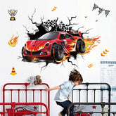 DecalMile 3D racing cars wall decals with red cars energize a kids' room.