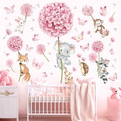 Decalmile pink flower animals fox wall decal boosts playful room mood.