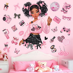 decalmile black girl wall sticker with pink bow for nursery walls, adds playful charm.