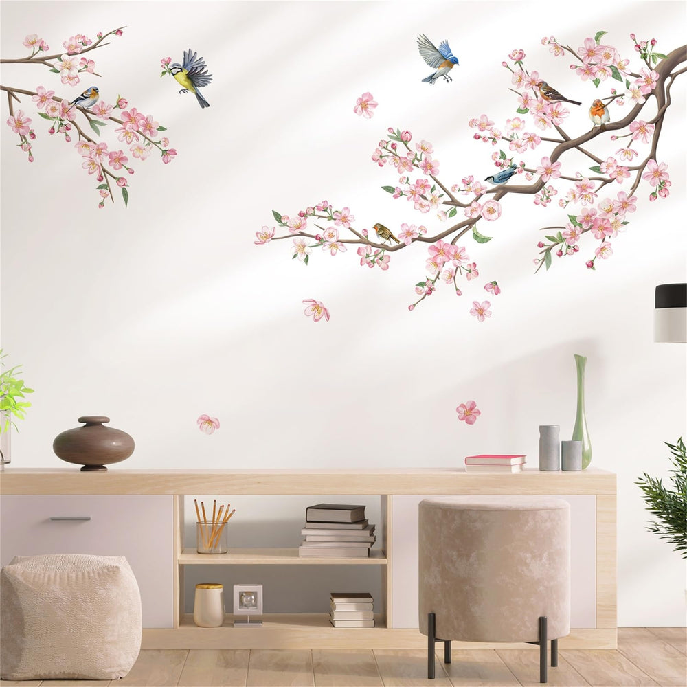 decalmile pink flower branch wall stickers brighten kids' room with blooming blossoms.