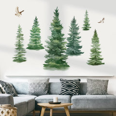 DecalMile forest pine trees wall stickers add cozy woodland ambiance to living rooms.