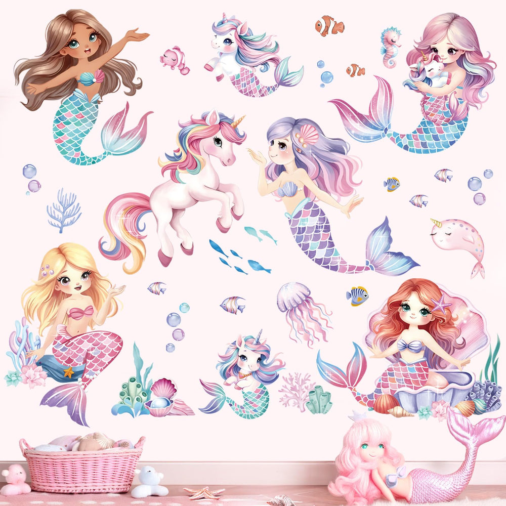 Decalmile mermaid-unicorn wall decals undersea scene for nursery decor
