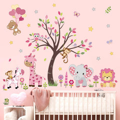 decalmile pink animal tree forest scene wall decal brightens a girls' room and sparks imaginative play.